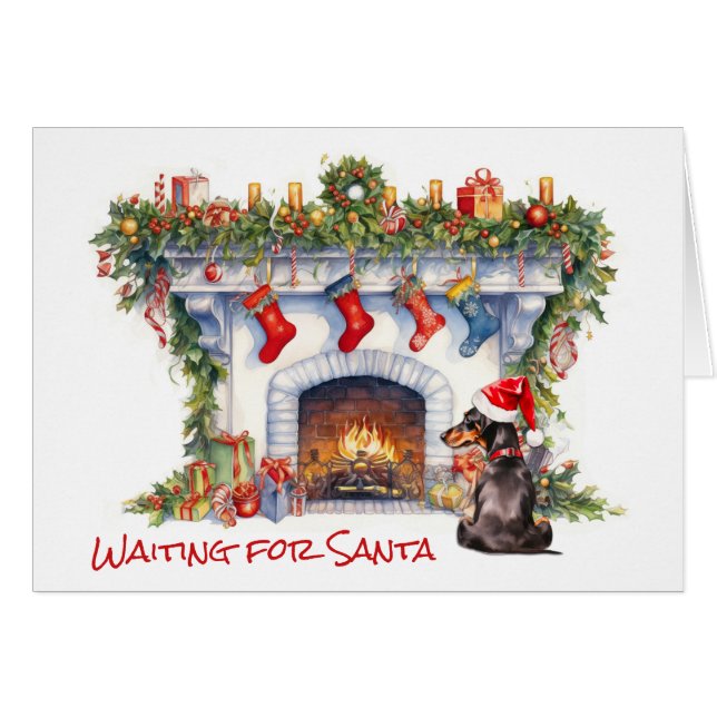 Black Dachshund Dog Wait for Santa Fireplace (Front Horizontal)