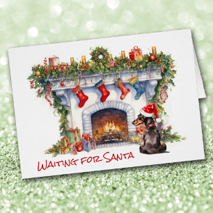 Black Dachshund Dog Wait for Santa Fireplace