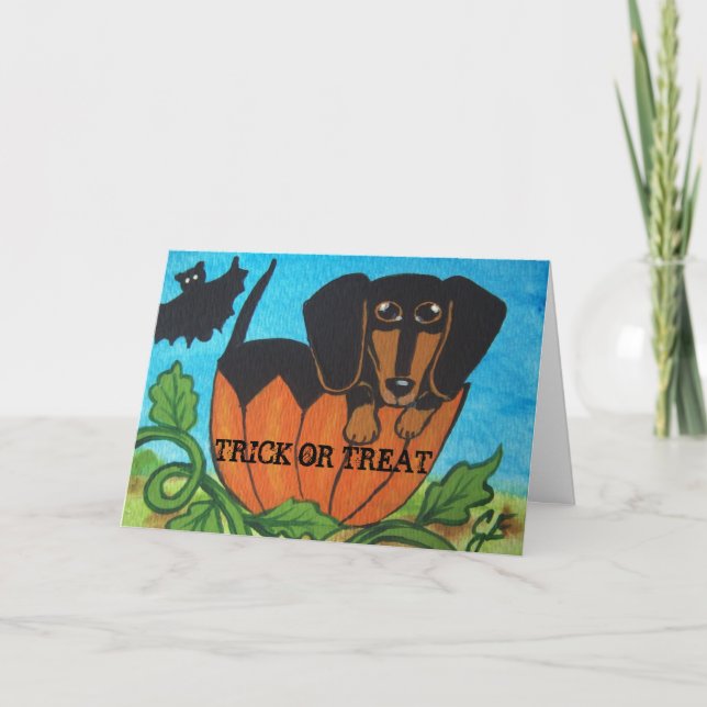 Black Dachshund Halloween Pumpkin Greeting Card (Front)