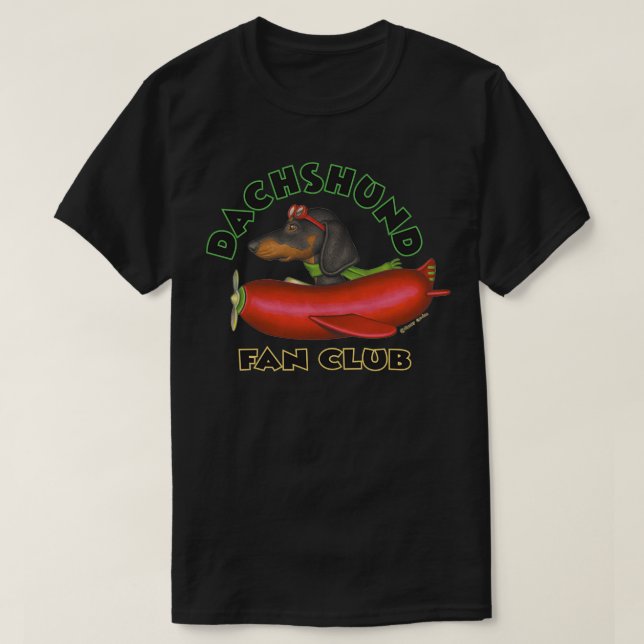 Black Dachshund in Red Plane  T-Shirt (Design Front)