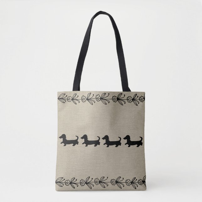 Black Dachshund Silhouette Vintage Floral Tote (Front)