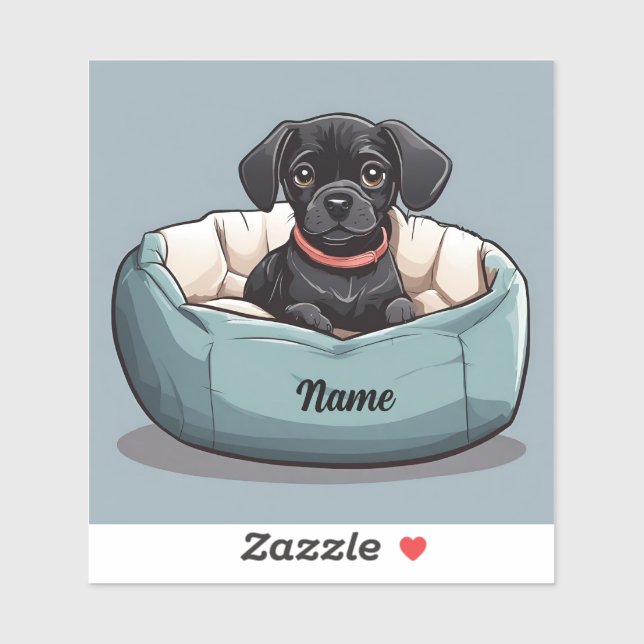 Black Dachshund Sitting in Dog Bed Customise Name (Sheet)