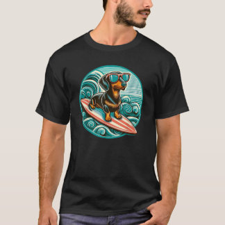 Black Dachshund Surfing Summer Vibes Ocean Beach S T-Shirt