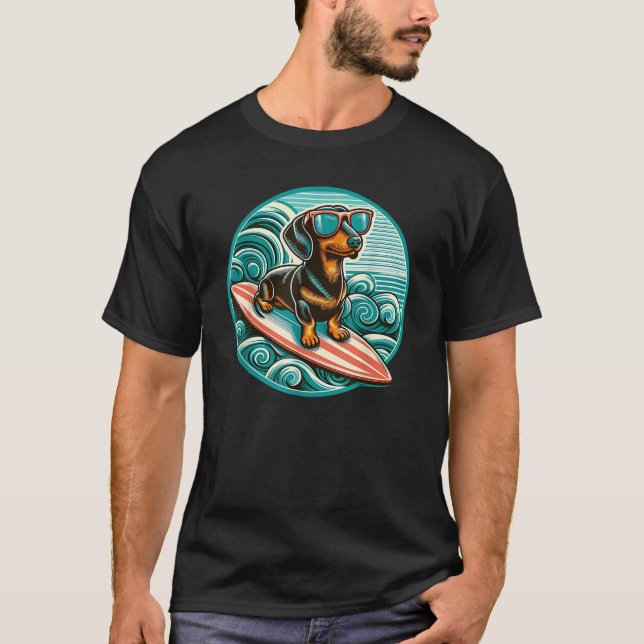 Black Dachshund Surfing Summer Vibes Ocean Beach S T-Shirt (Front)