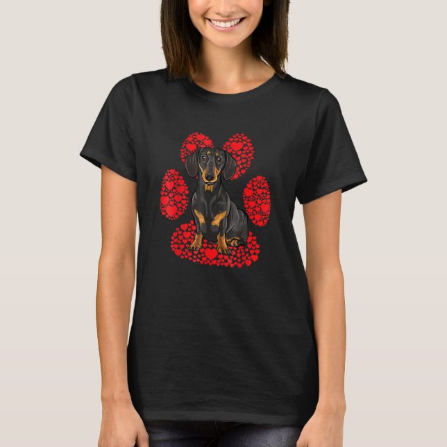 Black Dachshund Valentines Day Dog Love Paw T-Shirt (Front)