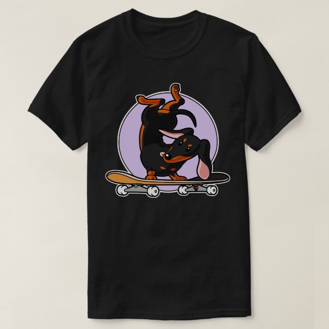 Black Dachshund Wiener Sausage Dog On Skateboard  T-Shirt (Design Front)