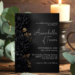 Black Dahlia Flowers & Gold Leaves Moody Floral Invitation
