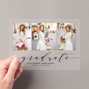 Black Dainty Script Three Photo Graduation Acrylic Invitations