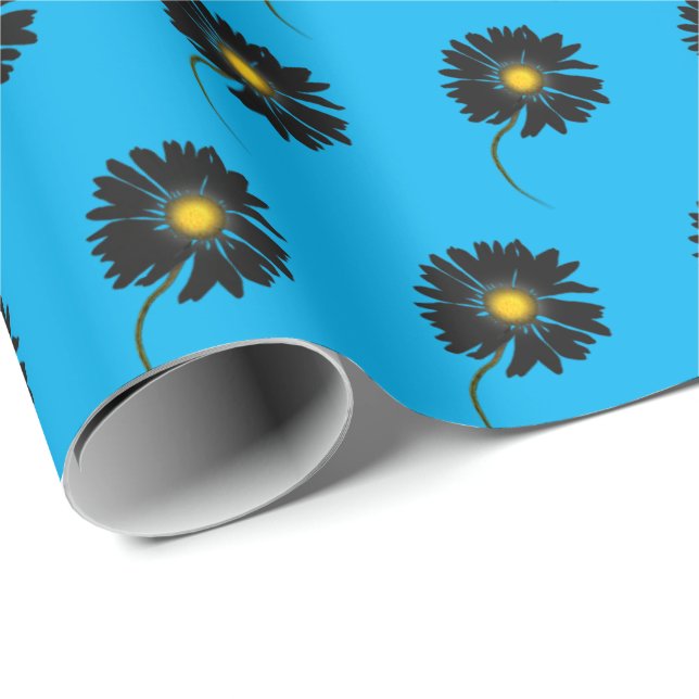black daisies on aqua blue wrapping paper (Roll Corner)