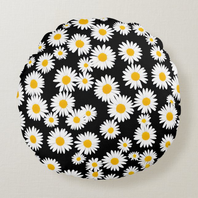 Black Daisy Round Pillow (Front)