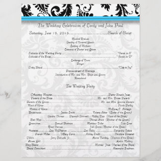 Black Damak Swirls Bright Aqua Wedding Program