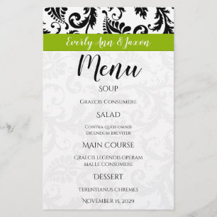 Black Damak Swirls Monogram Apple Green Menu