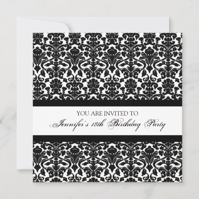 Black Damask 18th Birthday Party Invitations (Front)