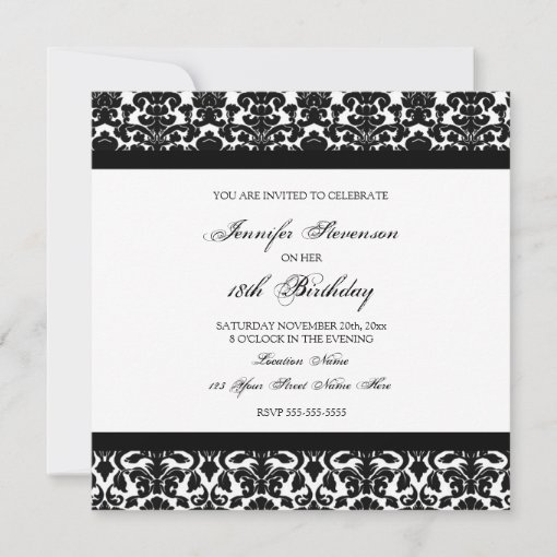 Black Damask 18th Birthday Party Invitations | Zazzle