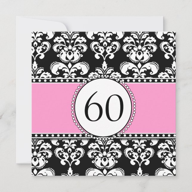 Black Damask 60th Birthday Invitation | Pink (Front)