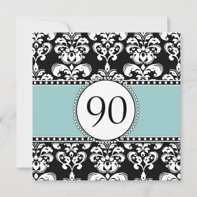Black Damask 90th Birthday Invitations Blue (Front)