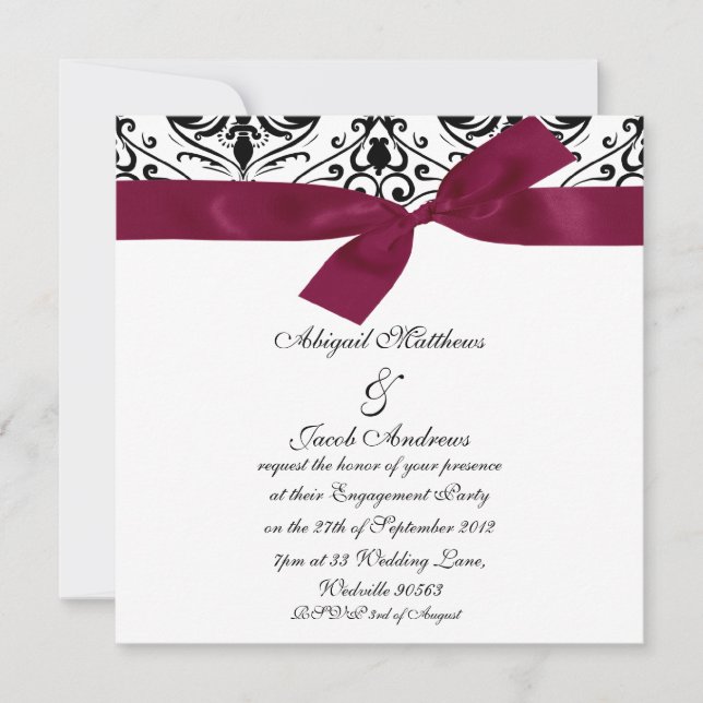 Black Damask And Burgundy Ribbon Engagement Invite (Front)