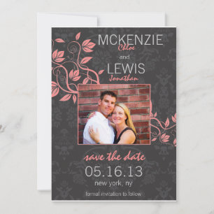 Black Damask and Elegant Vines save the date card