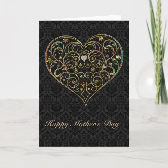 Black Damask And Gold Floral Heart-Mother's Day Card (Front)
