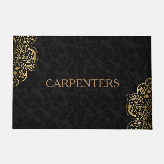 Black Damask And Gold Floral Lace Doormat (Front)