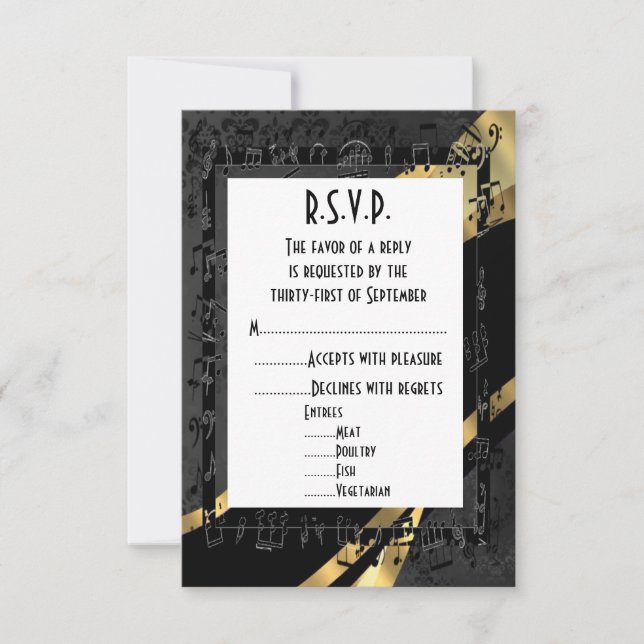 Black damask and gold formal wedding R.S.V.P RSVP Card (Front)