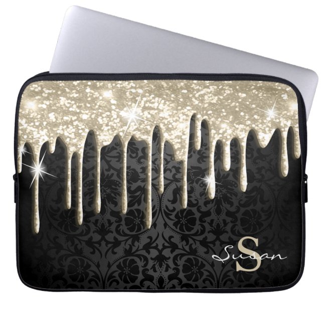 Black Damask and Gold Glitter Drip   Laptop Sleeve (Front)