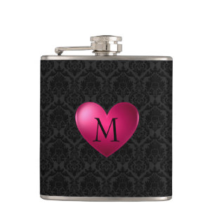 Black Damask And Pink Heart Hip Flask