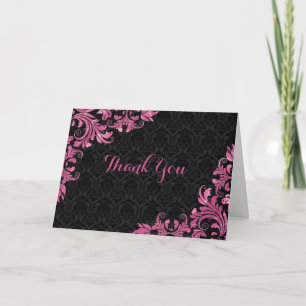 Black Damask And Pink Swirls- Thank You Card
