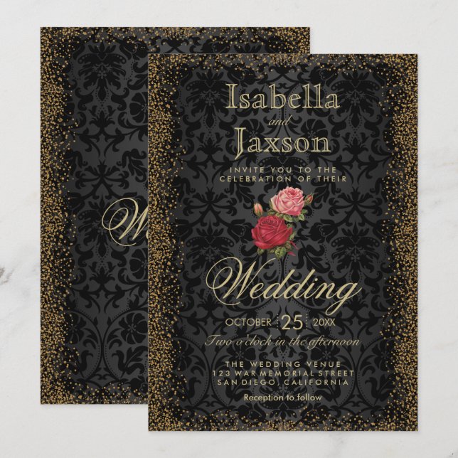 Black Damask and Roses Invitation (Front/Back)