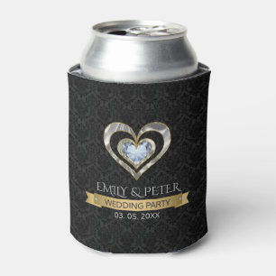 Black Damask And Silver Heart Can Cooler