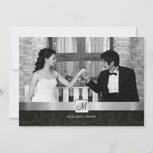 Black Damask and Silver Modern Rehearsal Dinner Invitation (Front)