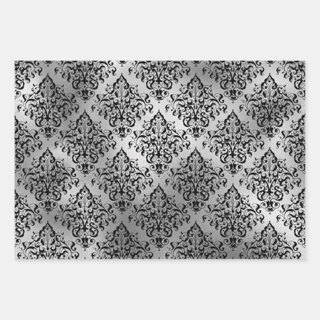 Black Damask and Silver Wrapping Paper Sheet (Front)