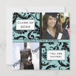 Black Damask Aqua Blue Graduation Invitation