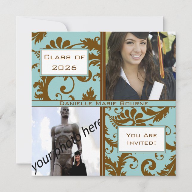 Black Damask Aqua Blue Graduation Invitation (Front)