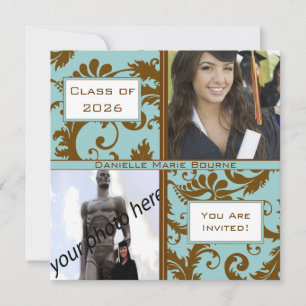 Black Damask Aqua Blue Graduation Invitation