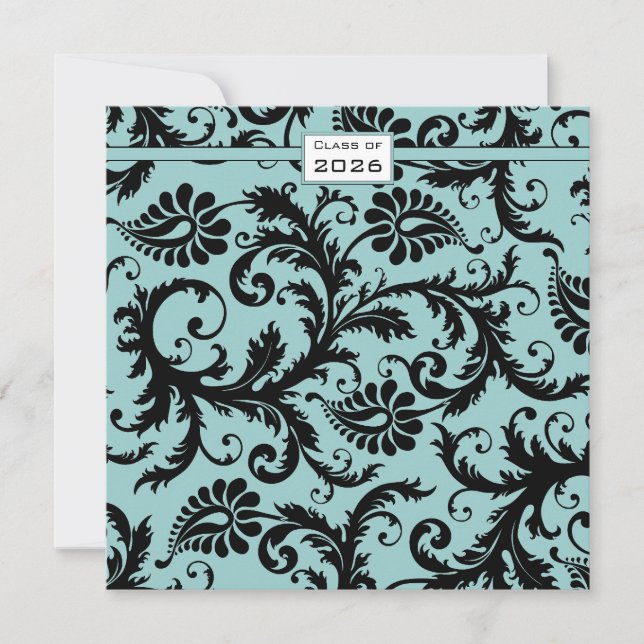 Black Damask Aqua Blue Graduation Invitation (Front)