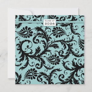 Black Damask Aqua Blue Graduation Invitation