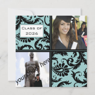 Black Damask Aqua Blue Graduation Invitation