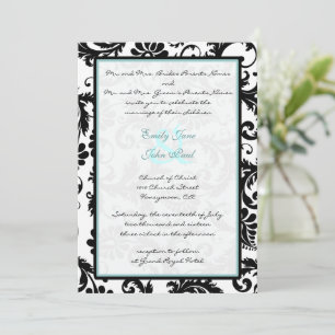 Black Damask Aqua Blue Monogram Wedding Invitation