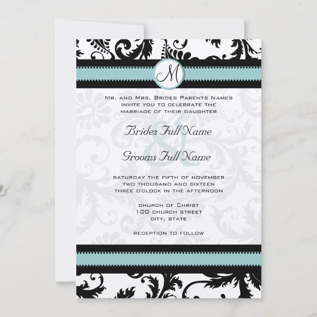 Black Damask Aqua Blue Teal Wedding Invitations (Back)