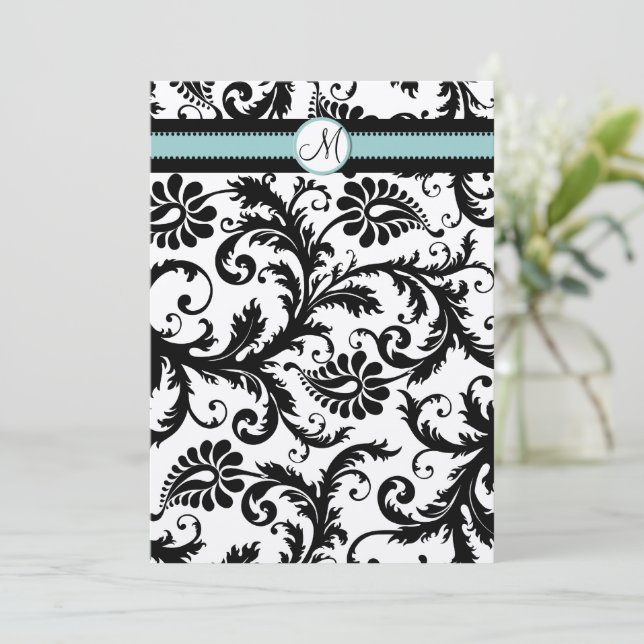 Black Damask Aqua Blue Teal Wedding Invitations (Standing Front)