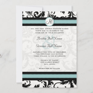 Black Damask Aqua Blue Teal Wedding Invitations