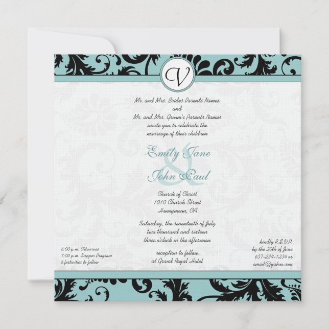 Black Damask Aqua Blue Wedding Invitation (Front)