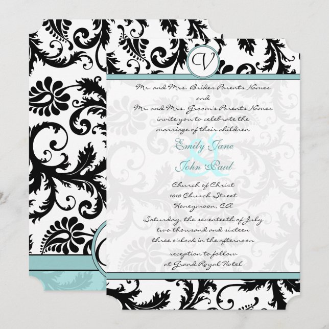 Black Damask Aqua Blue Wedding Invitation (Front/Back)