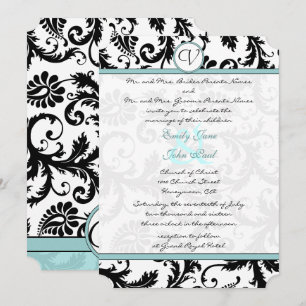 Black Damask Aqua Blue Wedding Invitation