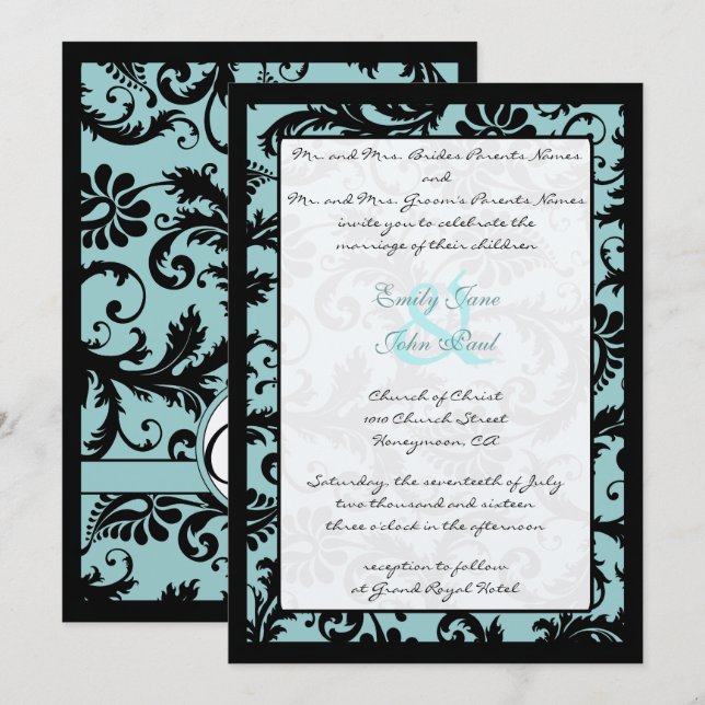 Black Damask Aqua Blue Wedding Invitation (Front/Back)