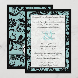 Black Damask Aqua Blue Wedding Invitation