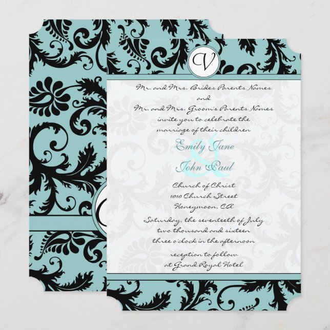 Black Damask Aqua Blue Wedding Invitation (Front/Back)
