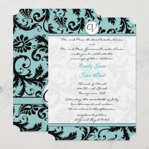 Black Damask Aqua Blue Wedding Invitation
