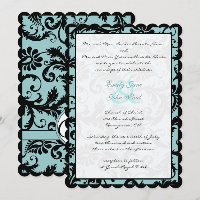 Black Damask Aqua Blue Wedding Invitation (Front/Back)